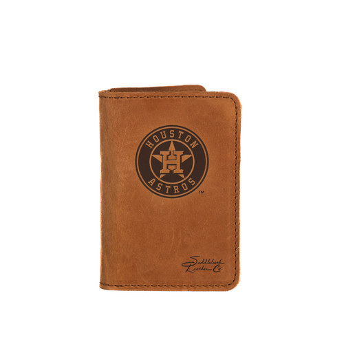 Tobacco colored business card holder with the Houston Astros logo on it. Made by Saddleback