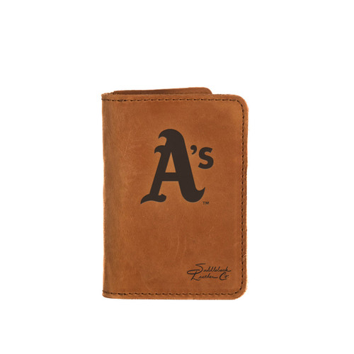 High quality tan colored leather business card holder with the Oakland Athletics logo on the front. Made by Saddleback