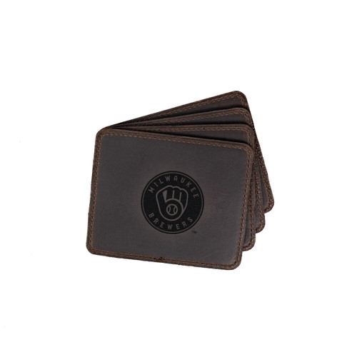 High quality dark brown colored leather coaster set of 4 with Milwaukee Brewers logo on it. Made by Saddleback