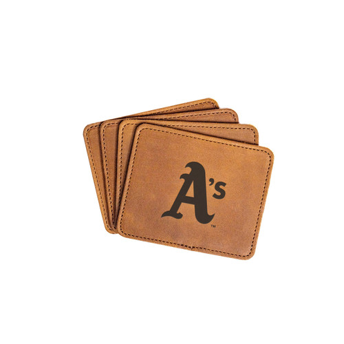 High quality tan colored leather coaster set of 4 with the Oakland Athletics logo on the front.  Made by Saddleback