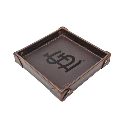 High quality dark brown colored leather valet tray with the St Louis Cardinals logo in the center. Made by Saddleback