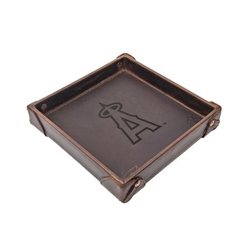 High quality dark brown colored leather valet tray with the Los Angeles Angels logo on it. Made by Saddleback
