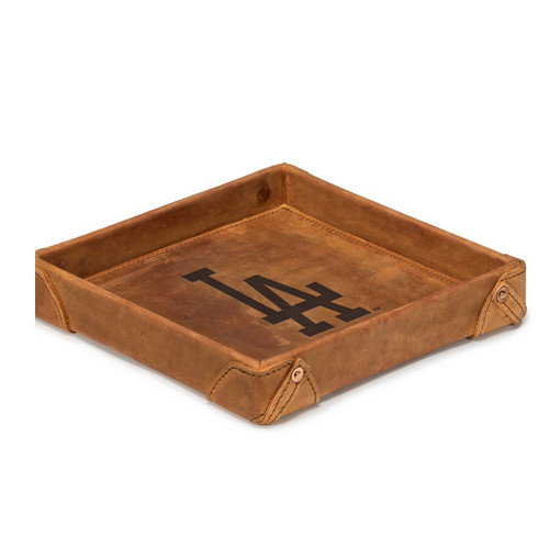 High quality tan colored leather valet tray with the Los Angeles Dodgers logo on it. Made by Saddleback