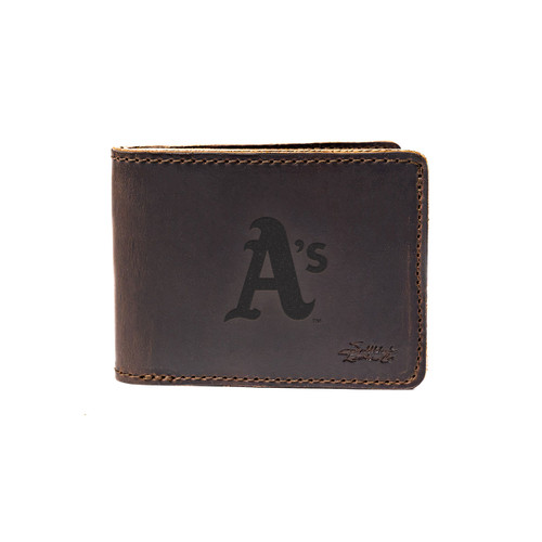 High quality dark brown colored leather bifold wallet with the Oakland Athletics logo on the front. Made by Saddleback