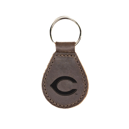 High quality dark brown leather keychain with Cincinnati Reds logo on the front, made by Saddleback