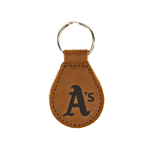 High quality tan colored leather keychain with the Oakland Athletics logo on the front. Made by Saddleback