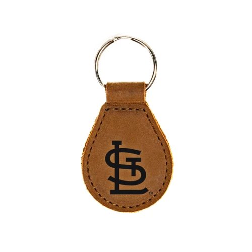 High quality tan colored leather keychain with the St. Louis Cardinals logo on the front. Made by Saddleback