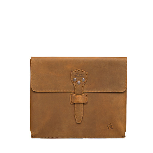 High quality the 14" laptop leather sleeve holder in tan. This is a photo from the front that has a flap to close the sleeve. Made by Saddleback