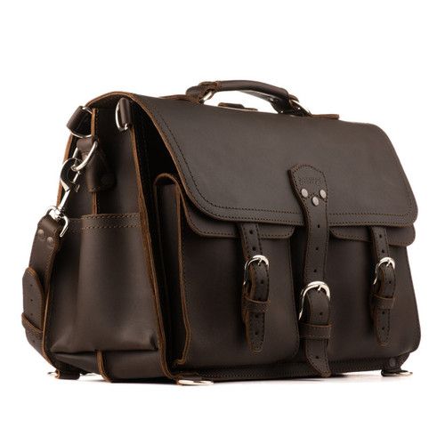 This is the dark brown leather briefcase with two front pockets and is 17 inches wide.