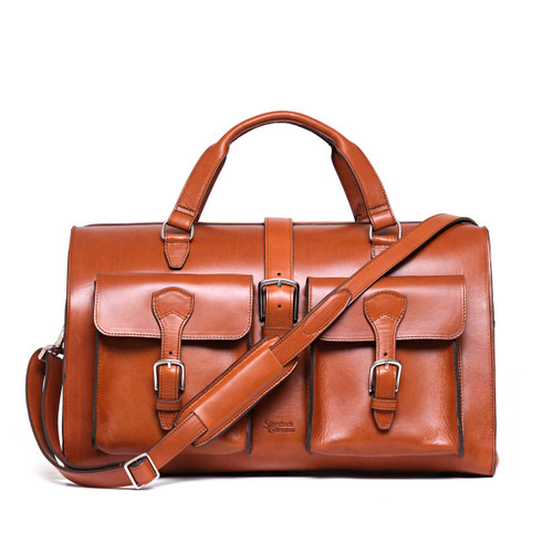 This is the front view of the Wesley Deep Pocket Duffle in Italian Tan Leather