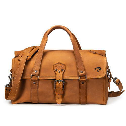 High quality full grain leather 20" Baby Beast Duffle Bag - Toronto Blue Jays front view - Saddleback Leather