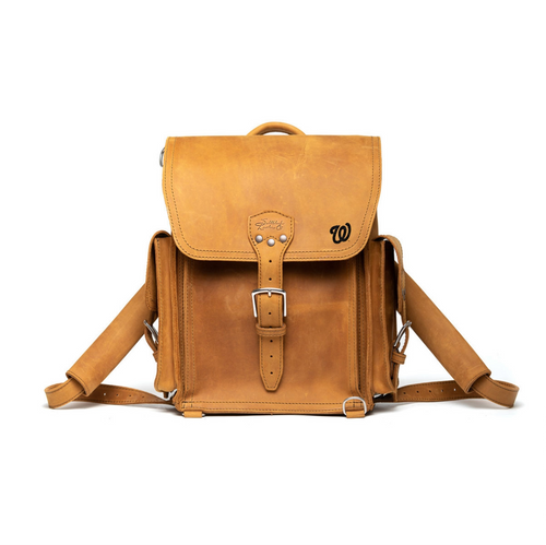 High quality tan full grain leather Tank Backpack - Washington Nationals front view - Saddleback Leather