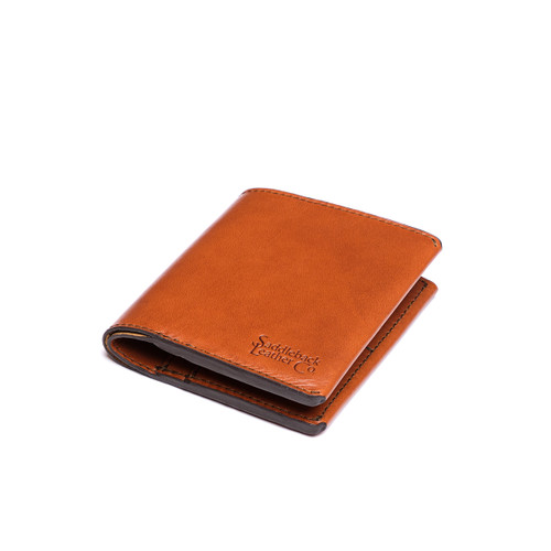 This is the side view of the Silverback Large Bifold Wallet in light tan