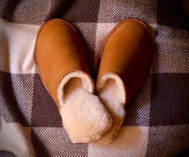 High quality tan full grain leather Dave's Deals Women's Sheepskin Slippers - Old Design - Size 11 - Tobacco front view - Saddleback Leather