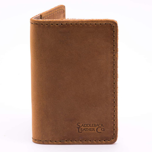 High quality front of a tan brown leather business card holder wallet.