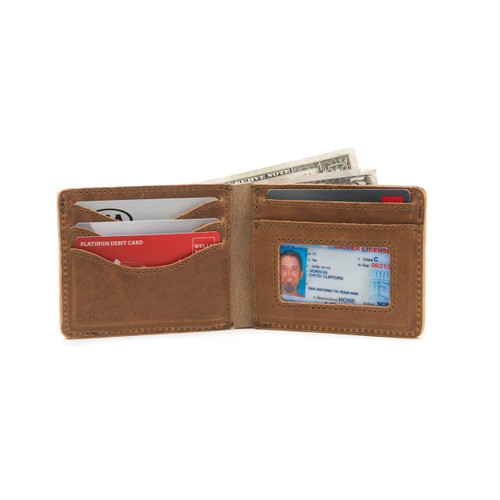 This is a tan brown leather wallet bifold with RFID showing the inside.