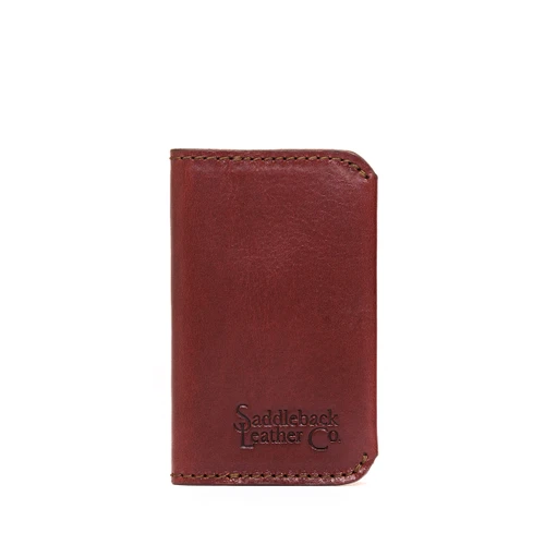 High quality front view of the slim business card leather holder in Italian reddish brown