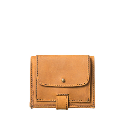 This is a tan brown leather wallet that is called a bifold because it holds cards and cash and folds in the middle. This one is closed.