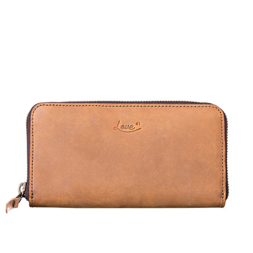 High quality tan brown large zippered leather wallet from the front.