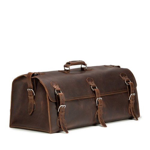 High quality dark brown full grain Dave's Deals 34" Beast Leather Duffle Bag - Dark Coffee Brown front view - Saddleback Leather