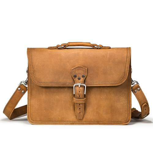 High quality tan full grain Dave's Deals Fourteener Thin Leather Briefcase - Tobacco front view - Saddleback Leather