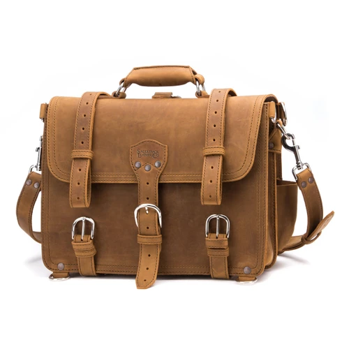 High quality tan full grain Dave's Deals Classic Leather Briefcase - Large - Tobacco front view - Saddleback Leather