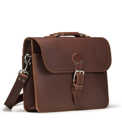 High quality red brown full grain Dave's Deals Fourteener Thin Leather Briefcase - Chestnut front view - Saddleback Leather