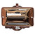 High quality red brown leather lawyers briefcase from the top view when it is wide open.