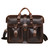 High quality dark brown flight bag leather briefcase with two front pockets, two handles, and a shoulder strap. Made by Saddleback