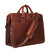 High quality backside of the red brown leather flight bag briefcase, displaying the shoulder strap and two handles for easy carry. Made by Saddleback