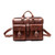 High quality front profile of the red brown leather flight bag briefcase showing the sizing and storage available. Made by Saddleback