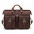 This red brown leather briefcase is staring straight into the camera and has a triangle design for the buckles.