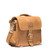 This is the side angle view of a tan brown rounded leather satchel.