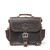 This is the front view of a dark brown rounded leather satchel.