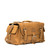 This tan brown leather duffle bag is side front facing and has pockets on the sides for overnight trips.