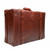 High quality side view of the red brown medium suitcase in the grandfather collection. Has 3 buckles to keep it shut and a handle for easy carry. Made by Saddleback
