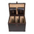 Dark coffee brown small trunk sitting opened with the 2 dividers and 2 pockets on the inside of the lid. Made by Saddleback