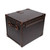 High quality back view of the dark brown colored leather small trunk that shows the craftsmanship of each stitch and a hinge that will last over 100 years. Made by Saddleback