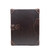 High quality front of the dark brown colored leather small trunk standing upright. Perfect for storing important documents or your comic book collection. Made by Saddleback