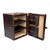 High quality dark brown small leather trunk standing upright and open with shelves and pockets. Made by Saddleback