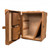High quality opened tan colored leather trunk stood up as a side table with the shelves taken out. Made by Saddleback