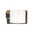 High quality dark brown leather journal cover opened up with cards, a pen, and an open journal in it, made by Saddleback