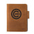 High quality tan colored leather journal cover with the Chicago Cubs logo on it, made by Saddleback