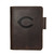 High quality dark brown colored leather journal cover with Cincinnati Reds logo on the front, made by Saddleback