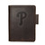 High quality dark brown colored leather journal cover with the Philadelphia Phillies logo on the front. Made by Saddleback