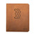 High quality tan colored leather portfolio cover with the Boston Red Sox logo on it, made by Saddleback