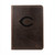 High quality dark brown leather portfolio with Cincinnati Reds logo on the front, made by Saddleback