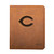 High quality tan colored leather portfolio with Cincinnati Reds logo on the front, made by Saddleback