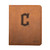 High quality tan colored leather portfolio with Cleveland Guardians logo on the front, made by Saddleback