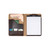 High quality inside of the dark brown colored leather portfolio that is holding a notepad, newspaper, journal, a pen, and cards. Made by Saddleback